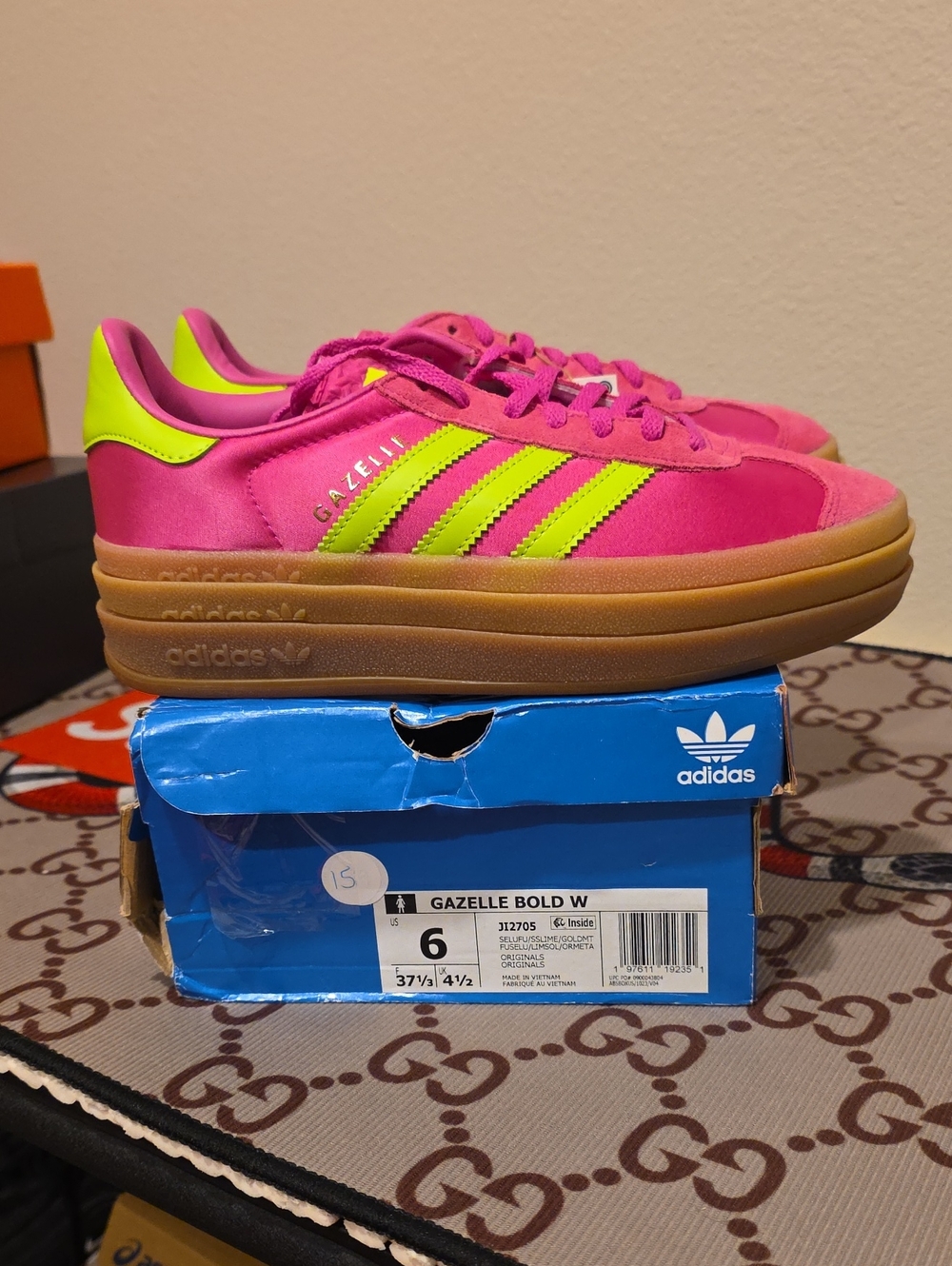 adidas Size 6 Womens Gazelle Bold W Pink & Neon Yellow Sneakers Triple Stack